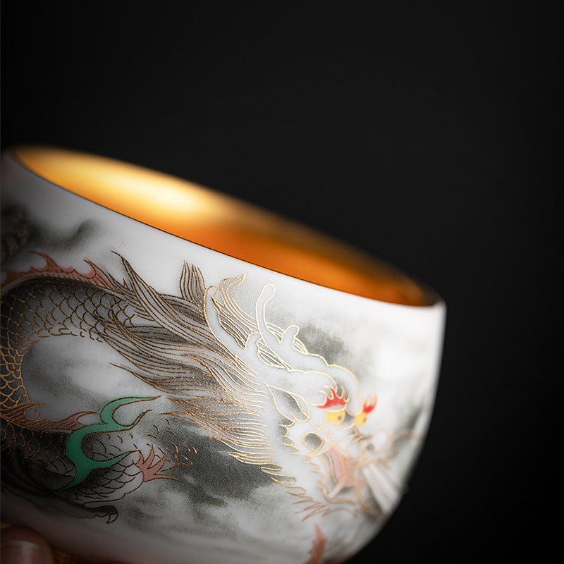 Chinese tea set, traditional craftsmanship, dragon-shaped gilded host cup