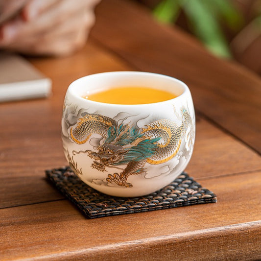 Chinese tea set, traditional craft, dragon jade porcelain teacup two-color