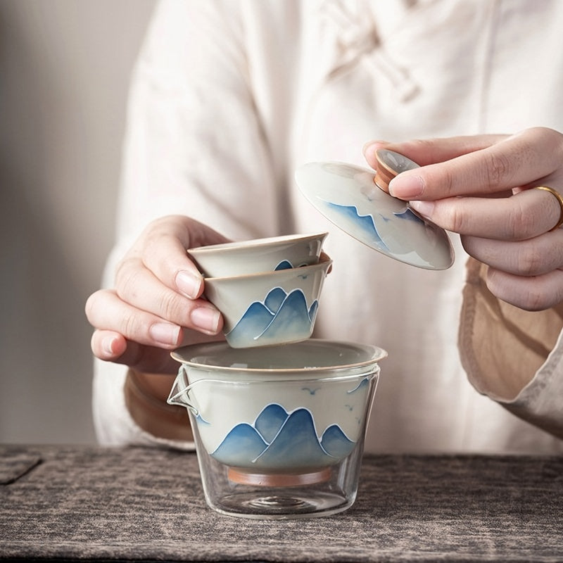 Chinese tea set, handmade tea set, hand-painted landscape travel set