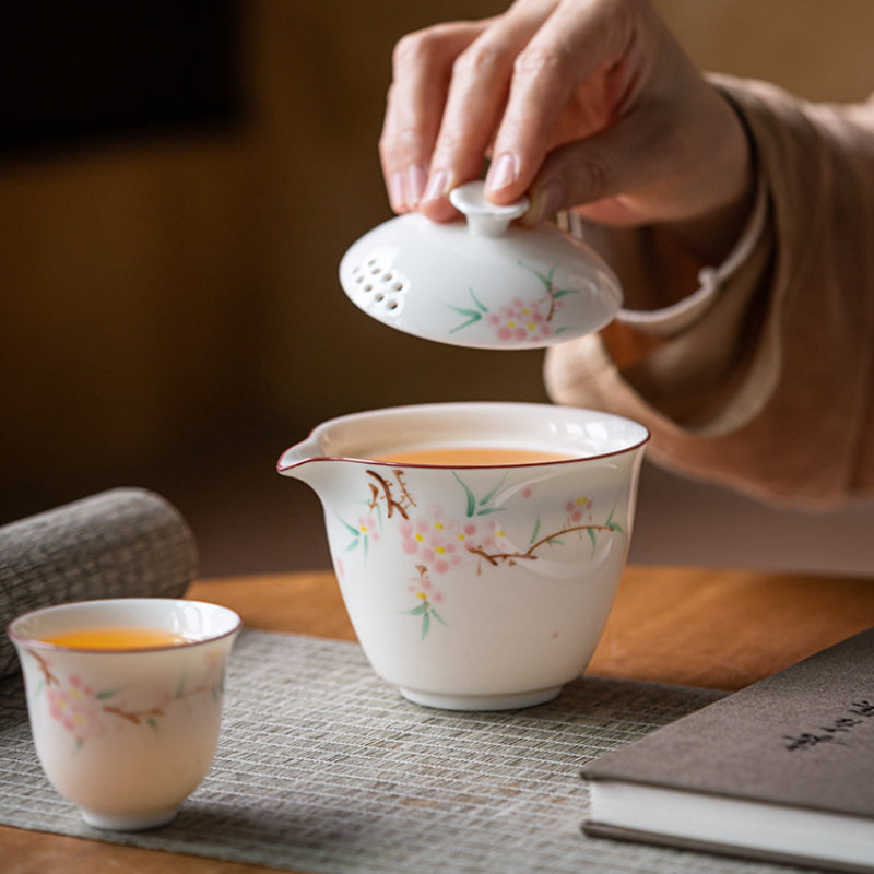 Chinese tea set, handmade, hand painted peach blossom travel set