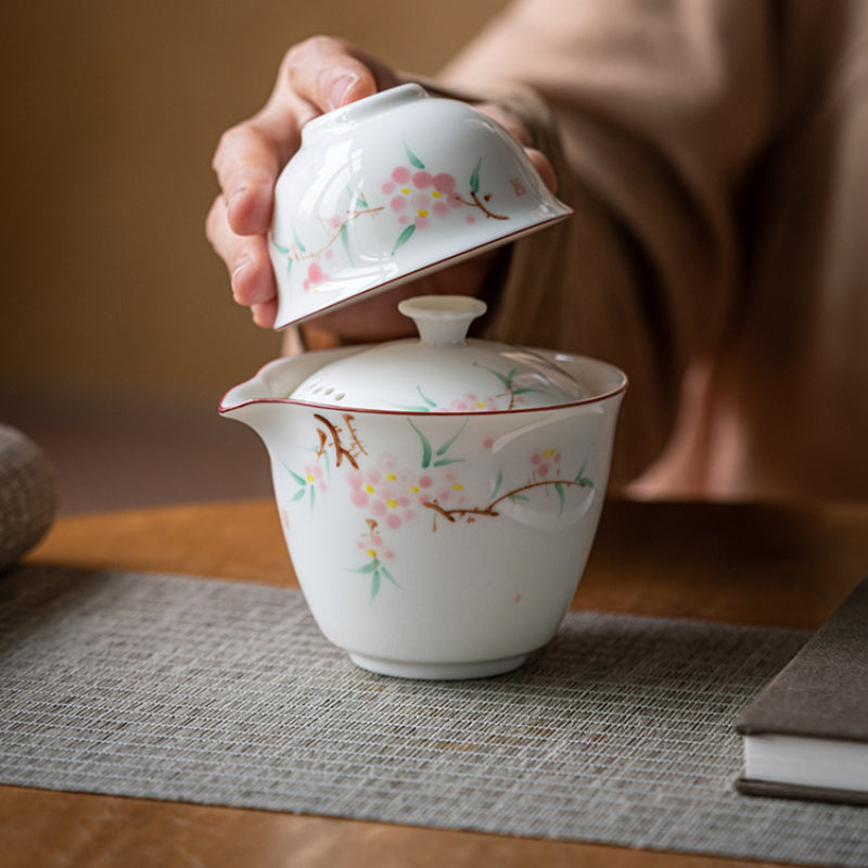 Chinese tea set, handmade, hand painted peach blossom travel set