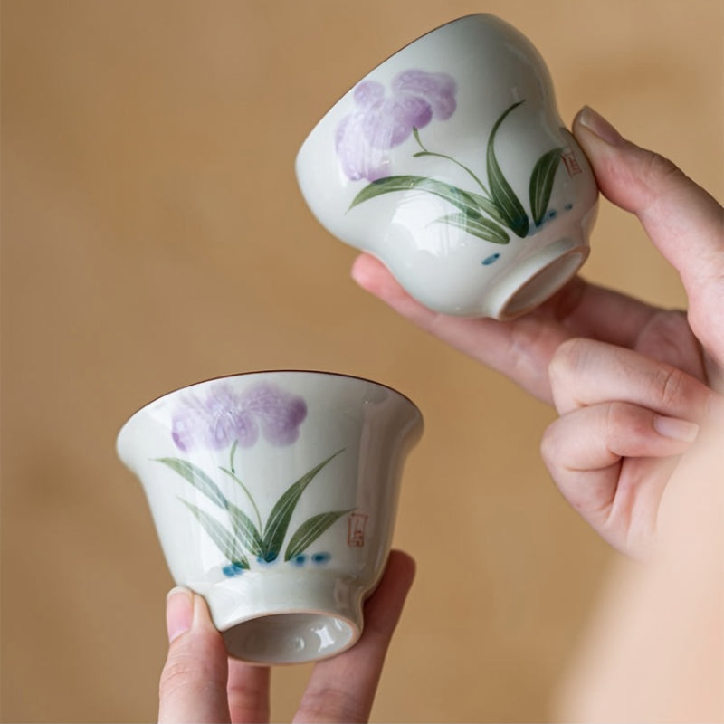 Chinese tea set, handmade ceramic tea set, hand painted iris travel tea set