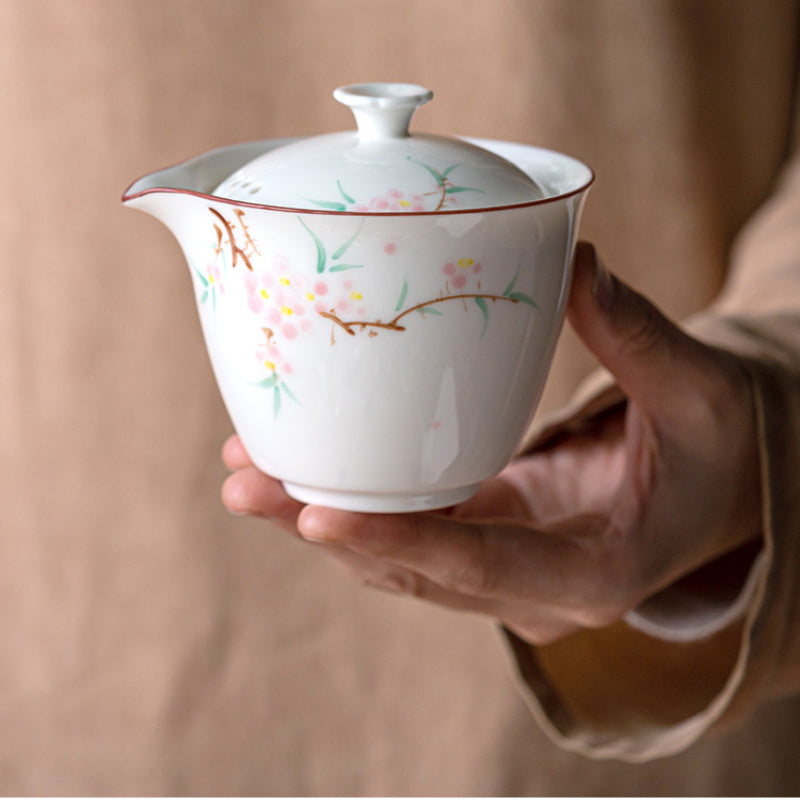 Chinese tea set, handmade, hand painted peach blossom travel set