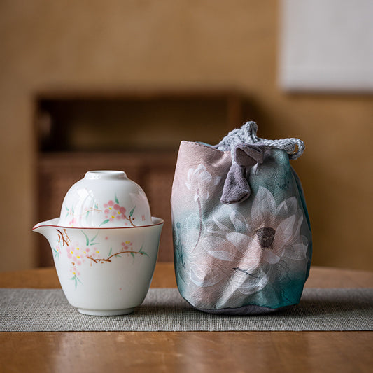 Chinese tea set, handmade, hand painted peach blossom travel set