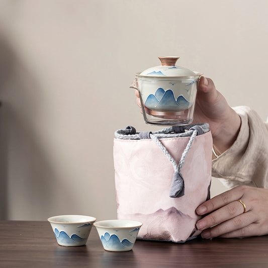 Chinese tea set, handmade tea set, hand-painted landscape travel set