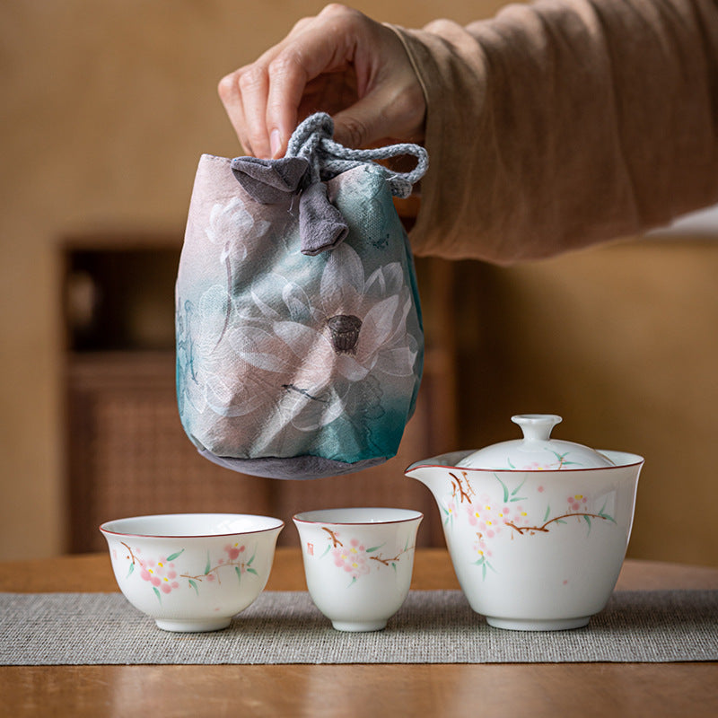 Chinese tea set, handmade, hand painted peach blossom travel set