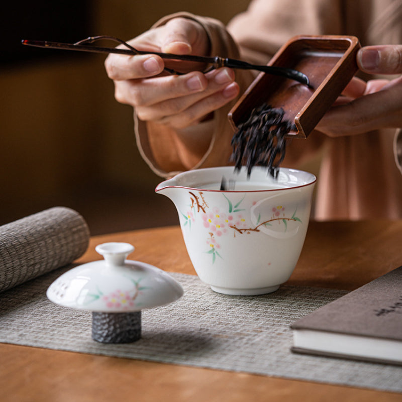 Chinese tea set, handmade, hand painted peach blossom travel set