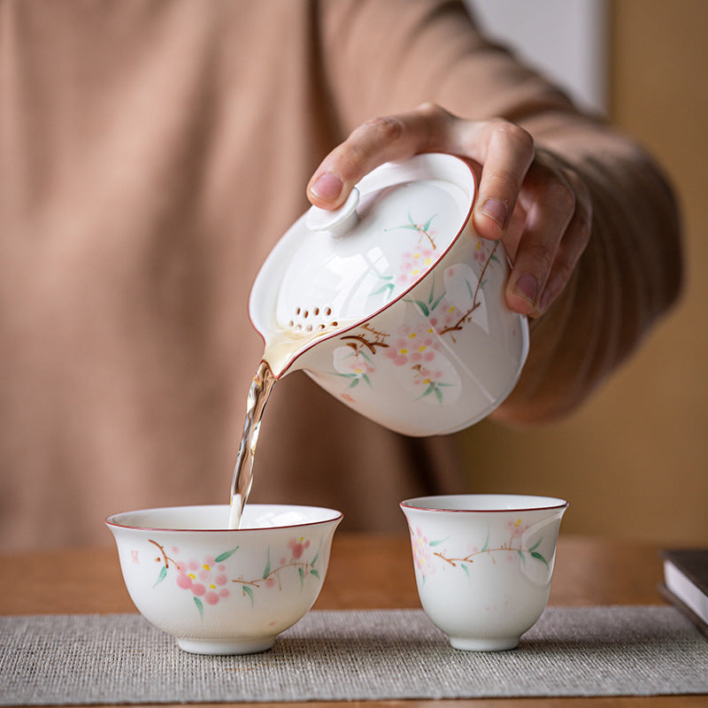 Chinese tea set, handmade, hand painted peach blossom travel set