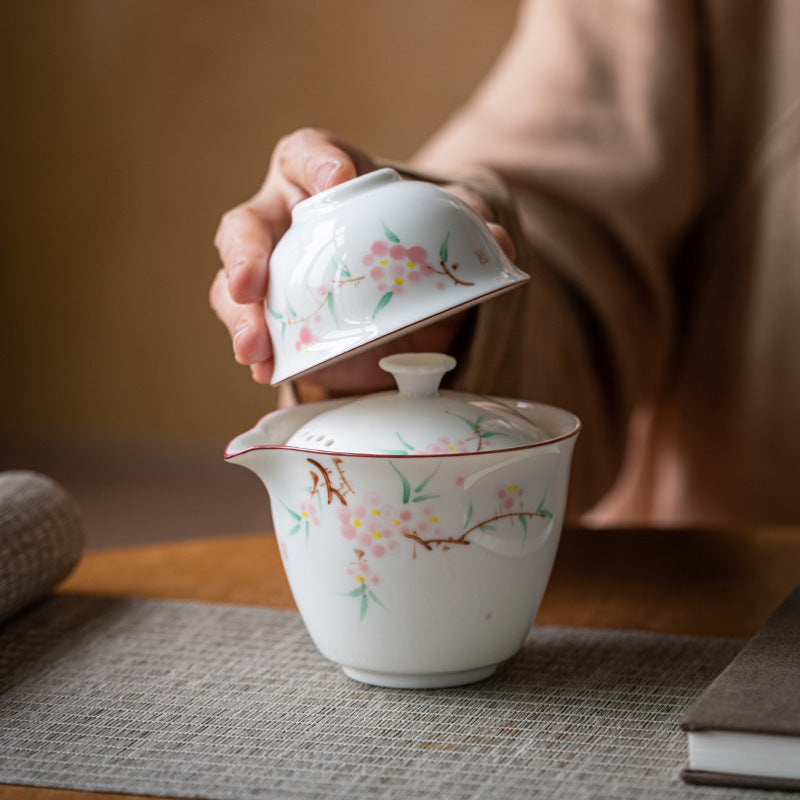 Chinese tea set, handmade, hand painted peach blossom travel set