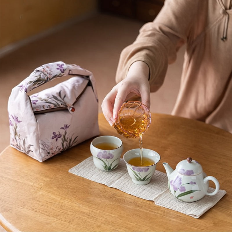 Chinese tea set, handmade ceramic tea set, hand painted iris travel tea set