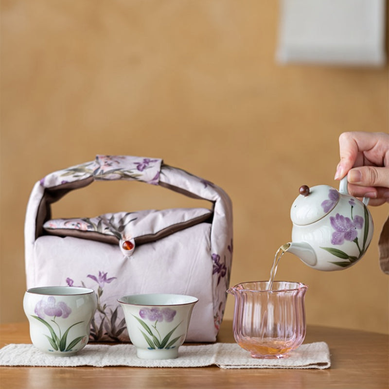 Chinese tea set, handmade ceramic tea set, hand painted iris travel tea set