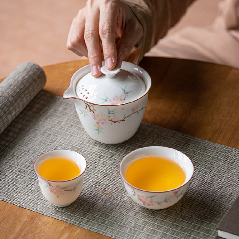 Chinese tea set, handmade, hand painted peach blossom travel set