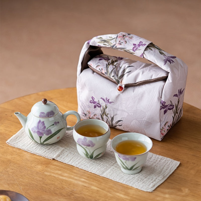 Chinese tea set, handmade ceramic tea set, hand painted iris travel tea set