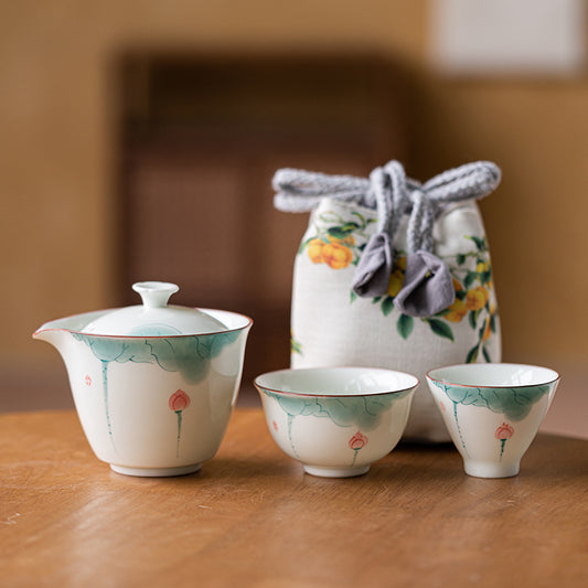 Chinese tea set, handmade tea set, hand-painted lotus travel set