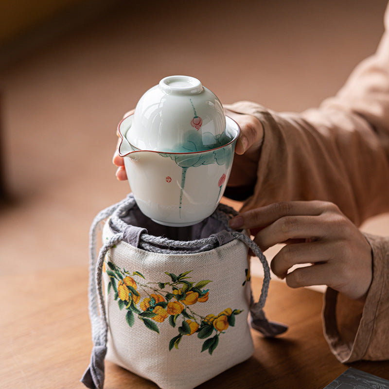 Chinese tea set, handmade tea set, hand-painted lotus travel set