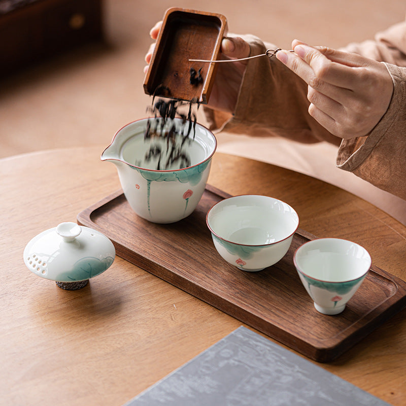 Chinese tea set, handmade tea set, hand-painted lotus travel set