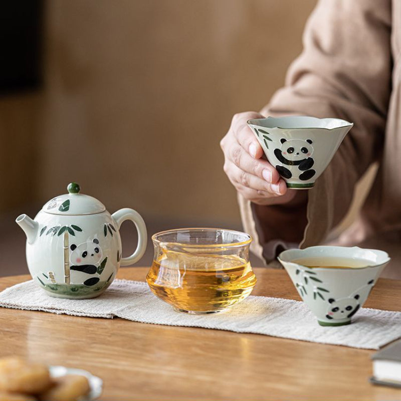 Chinese tea set, handmade, hand painted panda tea set