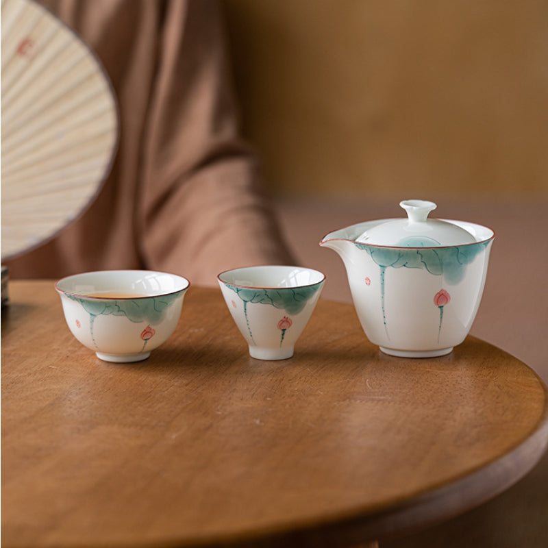 Chinese tea set, handmade tea set, hand-painted lotus travel set