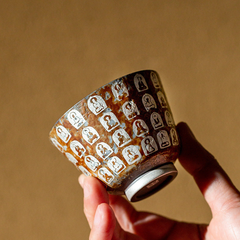 Chinese tea set, traditional handicraft, 10,000 Buddha silver-gilt host cup