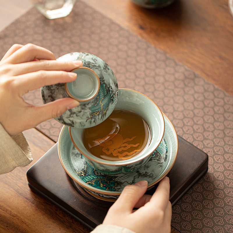 Traditional handicraft, Qinglong Sancai covered bowl, tea set