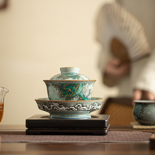 Traditional handicraft, Qinglong Sancai covered bowl, tea set