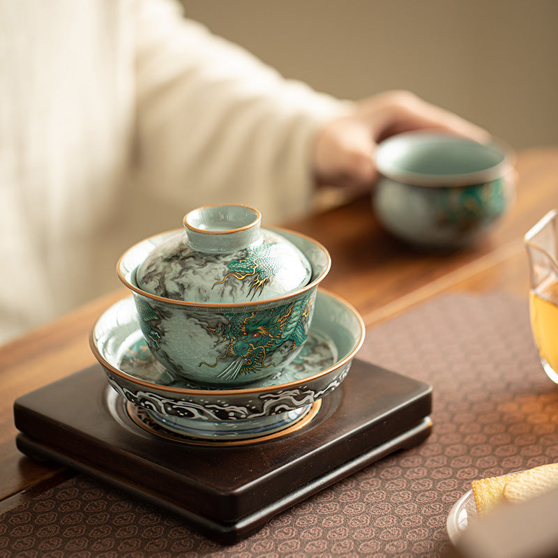 Traditional handicraft, Qinglong Sancai covered bowl, tea set