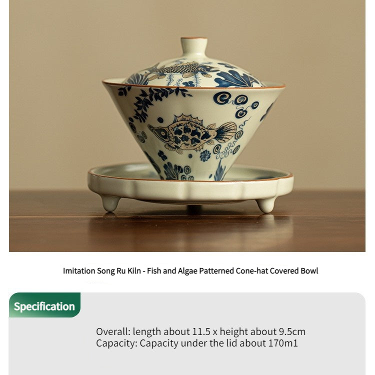 Chinese tea set, Sancai teacup with fish and algae pattern