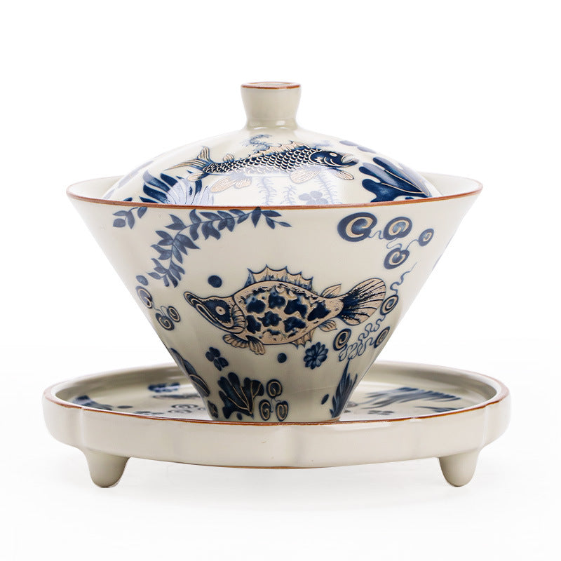 Chinese tea set, Sancai teacup with fish and algae pattern