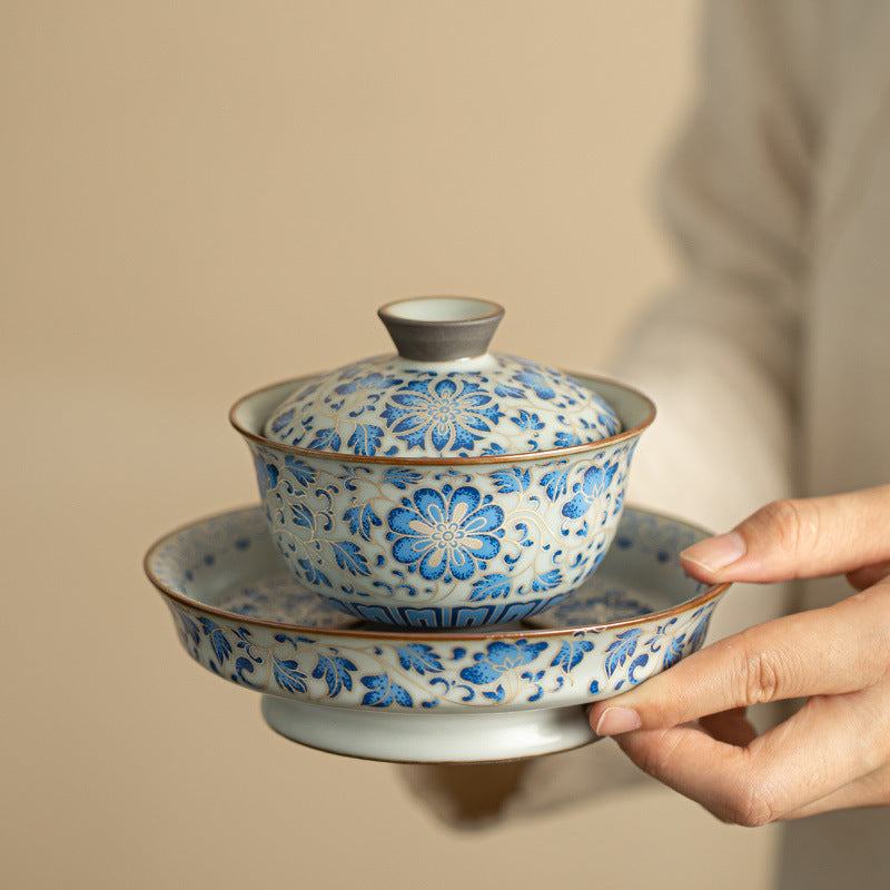 Chinese tea set, traditional craft, blue and white cup silver wire tea cup