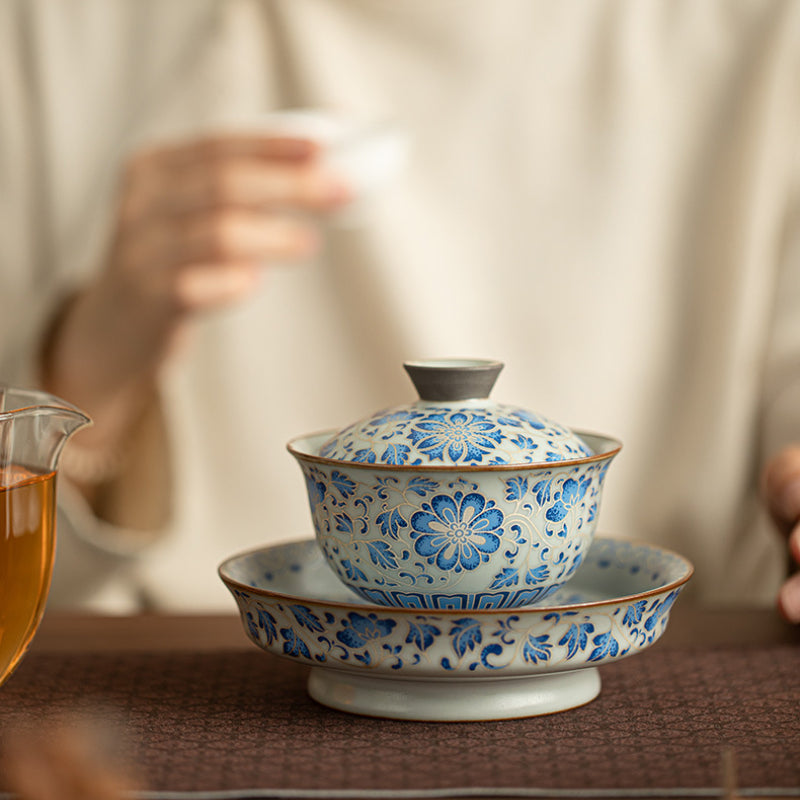 Chinese tea set, traditional craft, blue and white cup silver wire tea cup