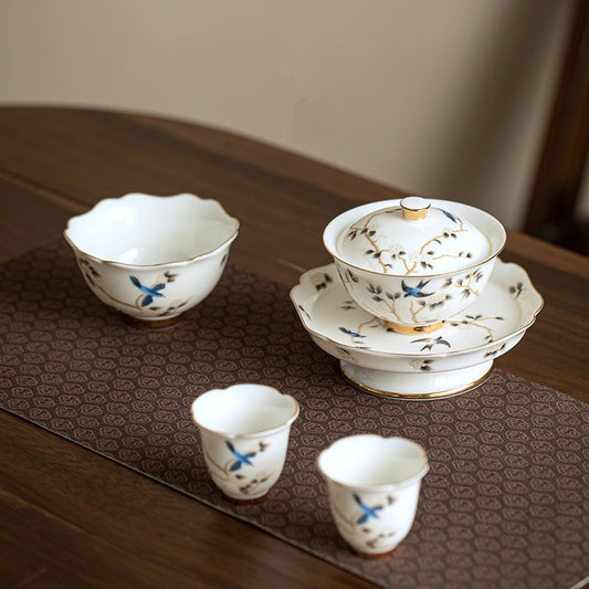 Chinese tea set, traditional craftsmanship, white porcelain gilded, tea set