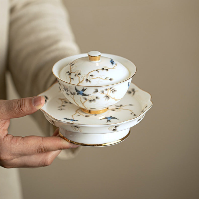 Chinese tea set, traditional craftsmanship, white porcelain gilded, tea set