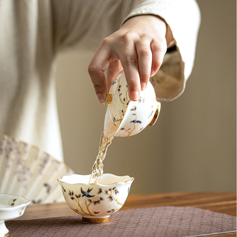 Chinese tea set, traditional craftsmanship, white porcelain gilded, tea set